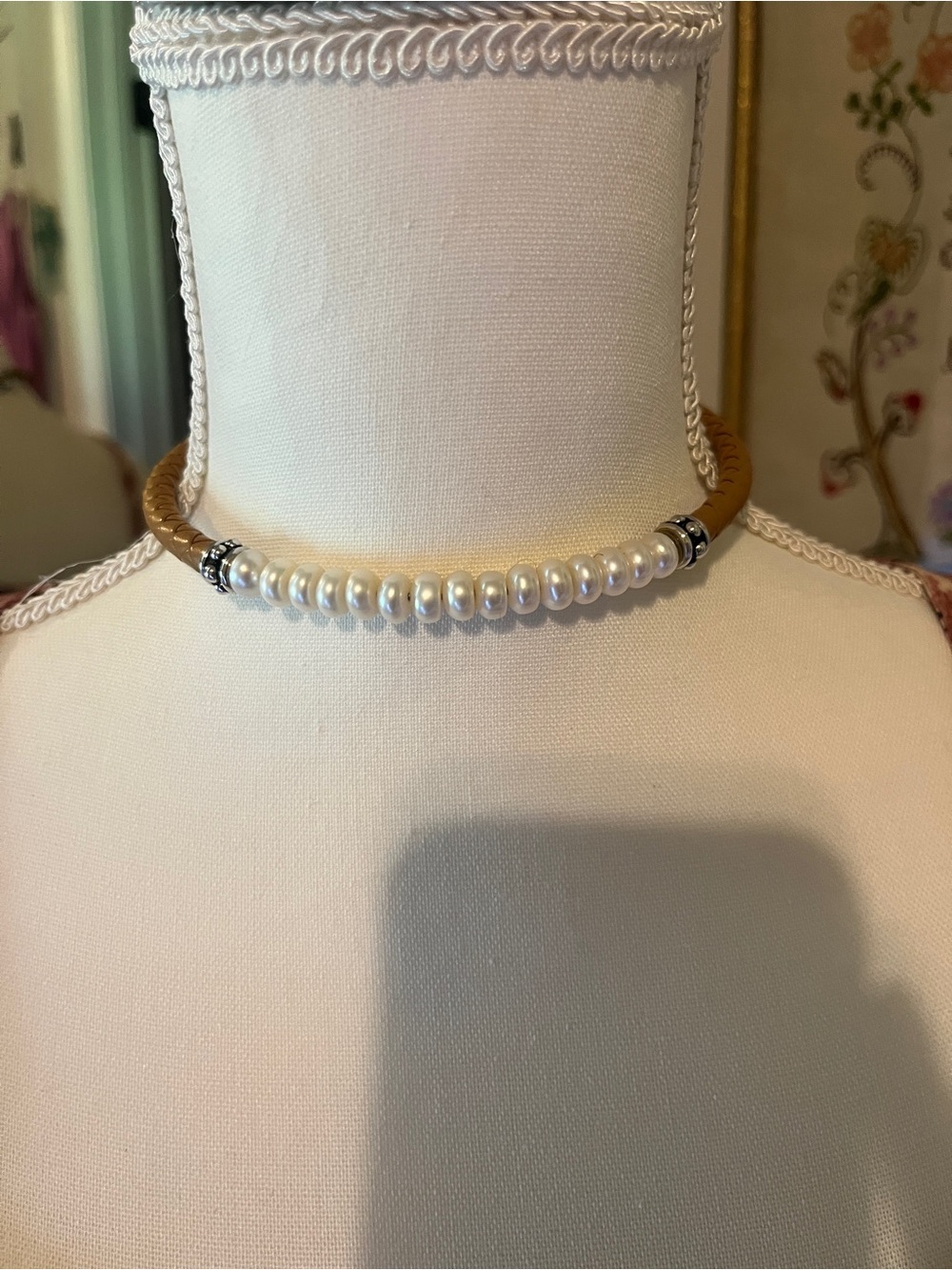 Honora White Pearl and Brown Leather Choker Necklace